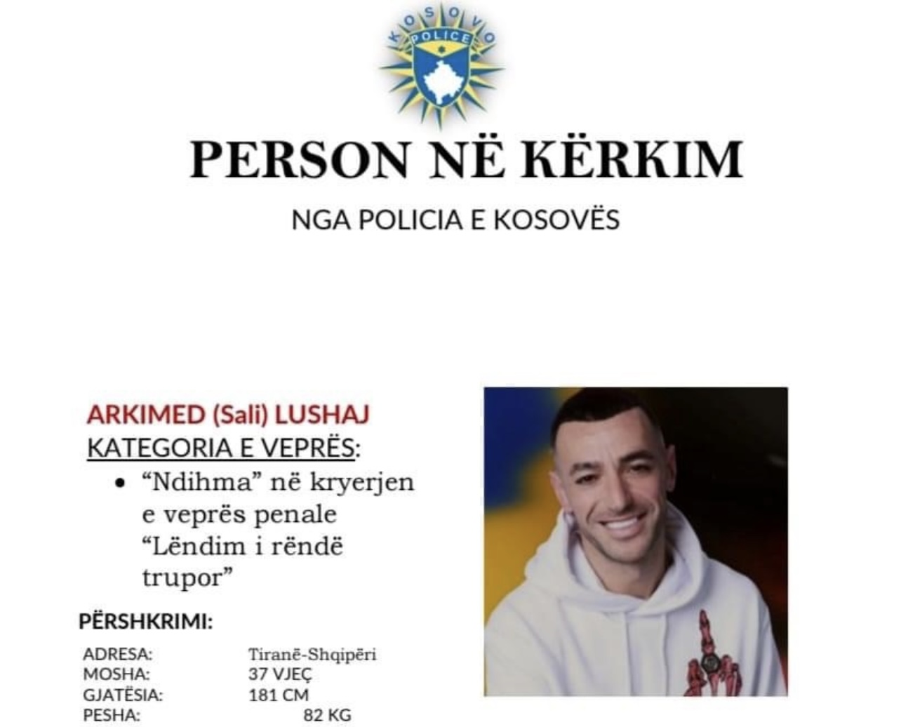 Policia e Kosovës kërkon ndihmë nga qytetarët për arrestimin e Stresit